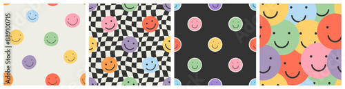 Funny smiling happy face colorful checkered seamless pattern set. Retro psychedelic checker board tile smile icon background texture collection. Trendy cartoon doodle wallpaper.