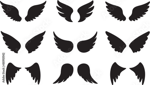 Wings icons. Set of black wings icons. Bird wings, angel wings elements. Wing Collection in different shape. Vector illustration