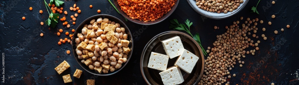 Nutritious Vegan Protein Sources Flat Lay with Tofu, Beans, and Lentils on Dark Background Nutritious Vegan Protein Sources Flat Lay with Tofu, Beans, and Lentils on Dark Background