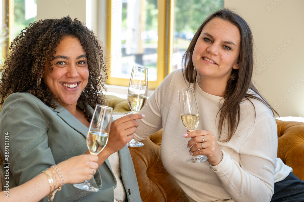 Two women smiling and toasting with glasses of white wine indoors near a window with natural light. Two women smiling and toasting with glasses of white wine indoors near a window with natural light.