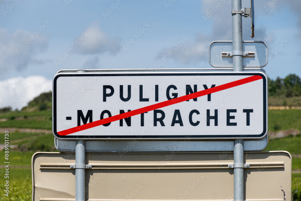 Fototapeta premium Road sign Puligny-Montrachet village, wine of Burgundy, France. High quality white dry wine making from Chardonnay grapes on grand cru classe vineyards