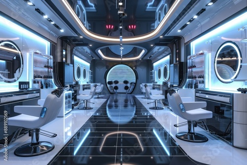 a futuristic salon with white chairs and mirrors