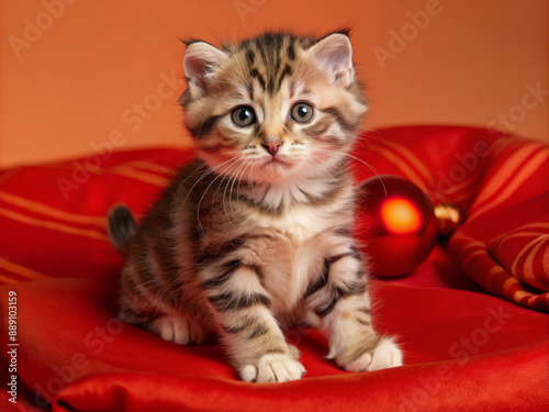 cat with christmas ball, cute, feline, domestic, fur, kitty, pets, white, portrait, mammal, tabby, eyes, animals, eye, young, red