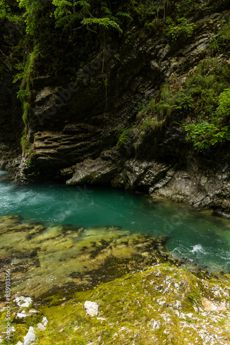 Vintgar Gorges Park a few km from Lake Bled, Slovenia. Wooden walkways accompany the path above the river rapids and waterfalls. River hits rocks and creates fog.Adventure family holidays. Freshness.