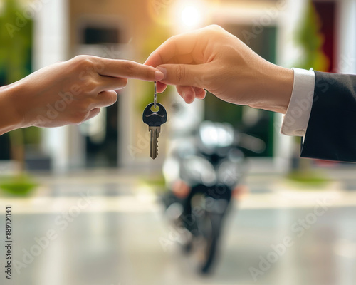 Motorcycle dealer giving the keys to a buyer