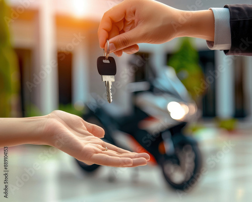 Motorcycle dealer giving the keys to a buyer