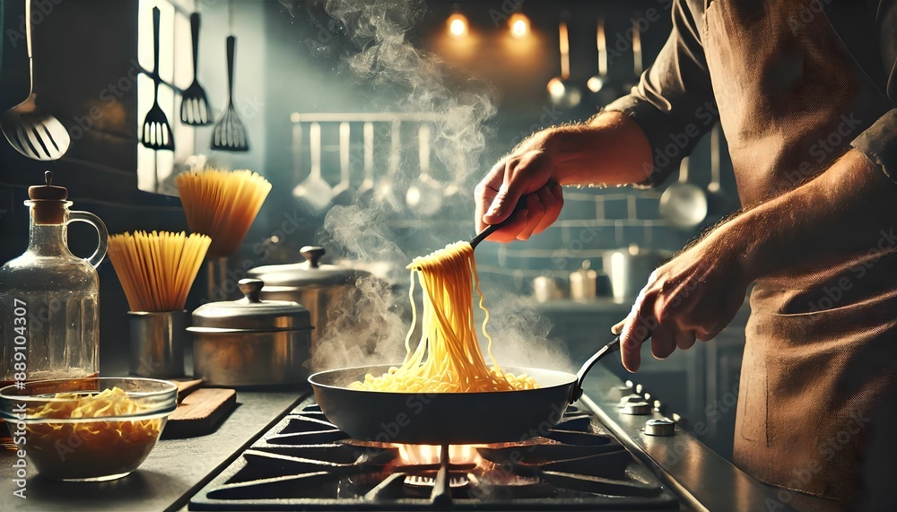 Chef cooking pasta in a hot pan, steam rising in a rustic kitchen. The scene captures the essence of culinary artistry and home-cooked warmth. Chef cooking pasta in a hot pan, steam rising in a rustic kitchen. The scene captures the essence of culinary artistry and home-cooked warmth.