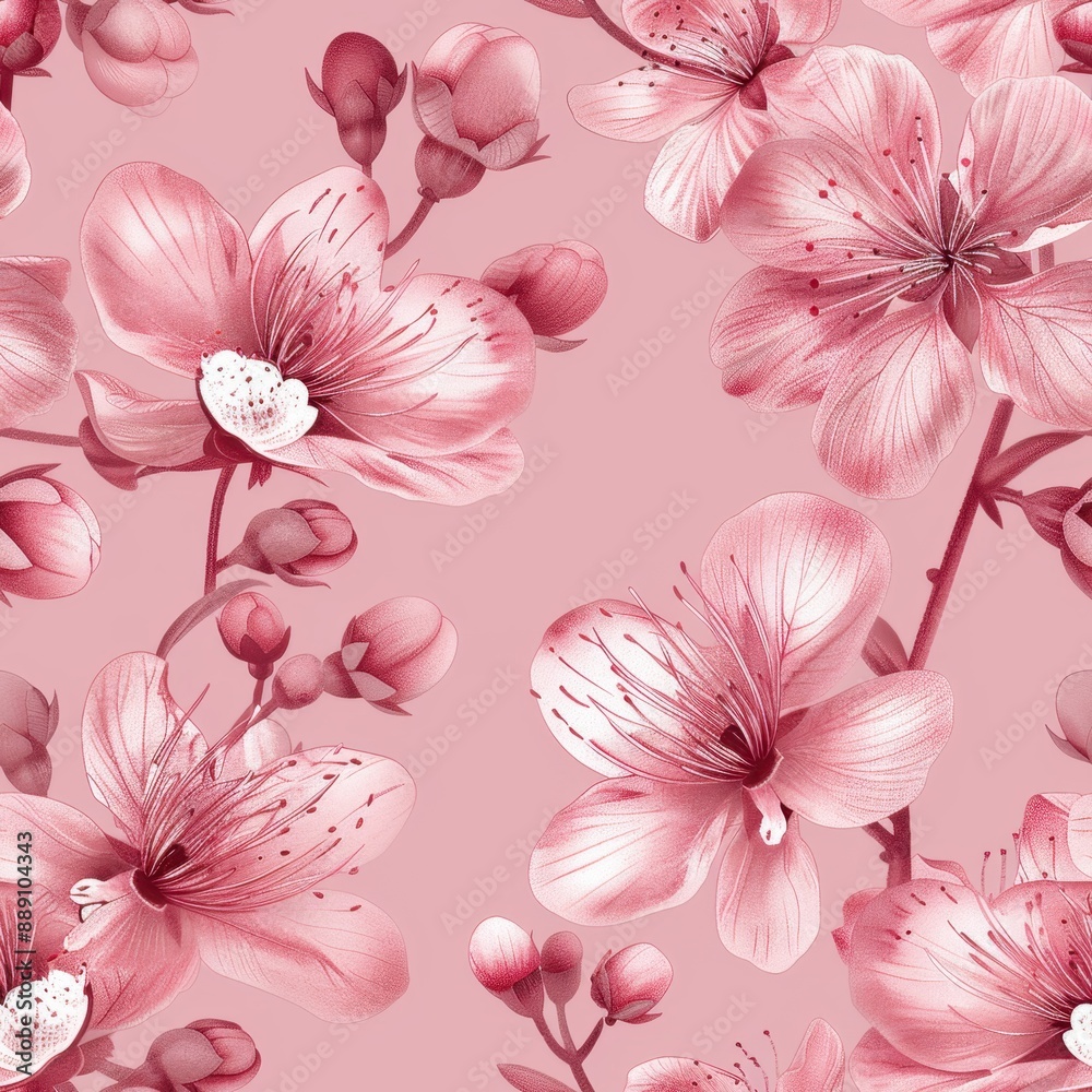 Elegant seamless pattern of pink cherry blossoms on a pastel background, perfect for spring designs. Elegant seamless pattern of pink cherry blossoms on a pastel background, perfect for spring designs.