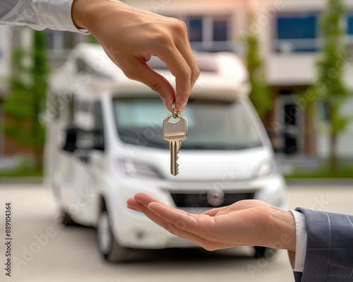 RV dealer giving the keys to a buyer photo