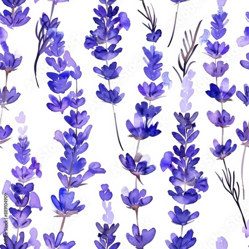 Seamless pattern of purple lavender flowers on a white background, perfect for floral and nature-themed designs.