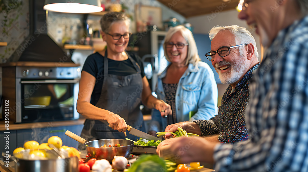 Group Of Middle-Aged Friends Cooking Together In Modern Kitchen Group Of Middle-Aged Friends Cooking Together In Modern Kitchen