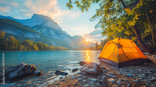 Fototapeta Naklejka Na Ścianę i Meble -  Bright yellow tent standing on the shore of mountain lake at sunset