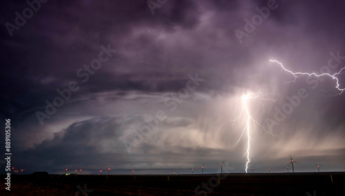 A dramatic nocturnal landscape showcasing a brilliant lightning strike illuminating wind turbines under a stormy sky.
