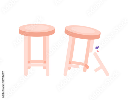 illustration of a wooden chair in good condition with a damaged seat. The chair leg is broken. symbol or icon. condition of goods or objects. flat style design. graphic elements