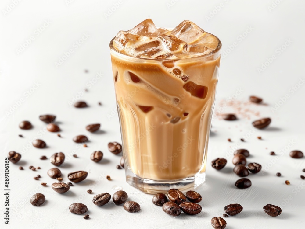 A refreshing glass of iced coffee with ice cubes and coffee beans, perfect for a hot summer day A refreshing glass of iced coffee with ice cubes and coffee beans, perfect for a hot summer day
