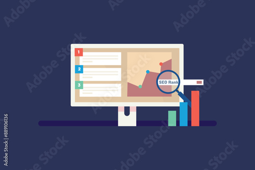 SEO Ranking monitoring, SEO campaign report. Website ranking on search engine result page. SEO data analysis. Vector illustration with icon