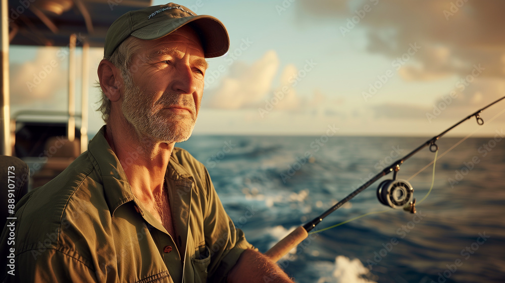 A rugged middle-aged man with weathered skin and short grey hair, wearing an olive green shirt, baseball cap, holding fishing rod in hand on the deck of large boat out at sea, beau A rugged middle-aged man with weathered skin and short grey hair, wearing an olive green shirt, baseball cap, holding fishing rod in hand on the deck of large boat out at sea, beau