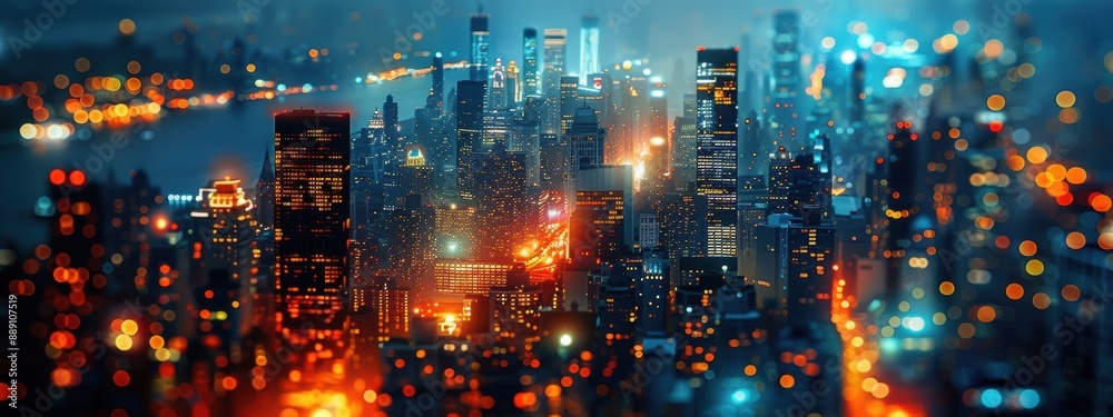 A city at night with many lights and buildings. The city is lit up and the lights are shining brightly A city at night with many lights and buildings. The city is lit up and the lights are shining brightly