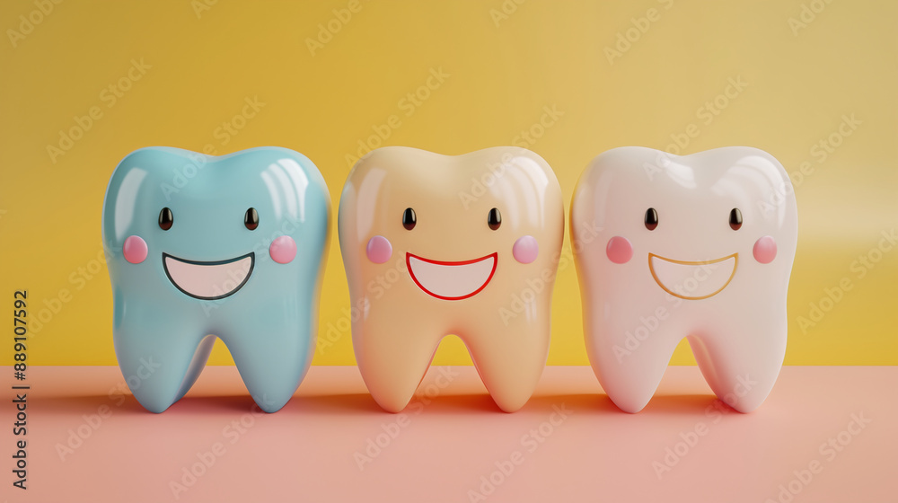 Obraz premium Three cute cartoon teeth with happy faces, bright colors, and a solid background color. The rendering has a 3D effect. 