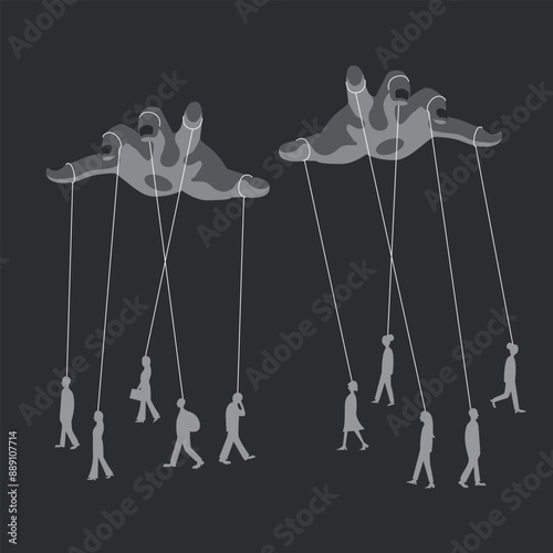 Manipulator concept vector illustration. Puppet master hands manipulate man mind, silhouette. Mental control ropes. Domination exploitation background.
