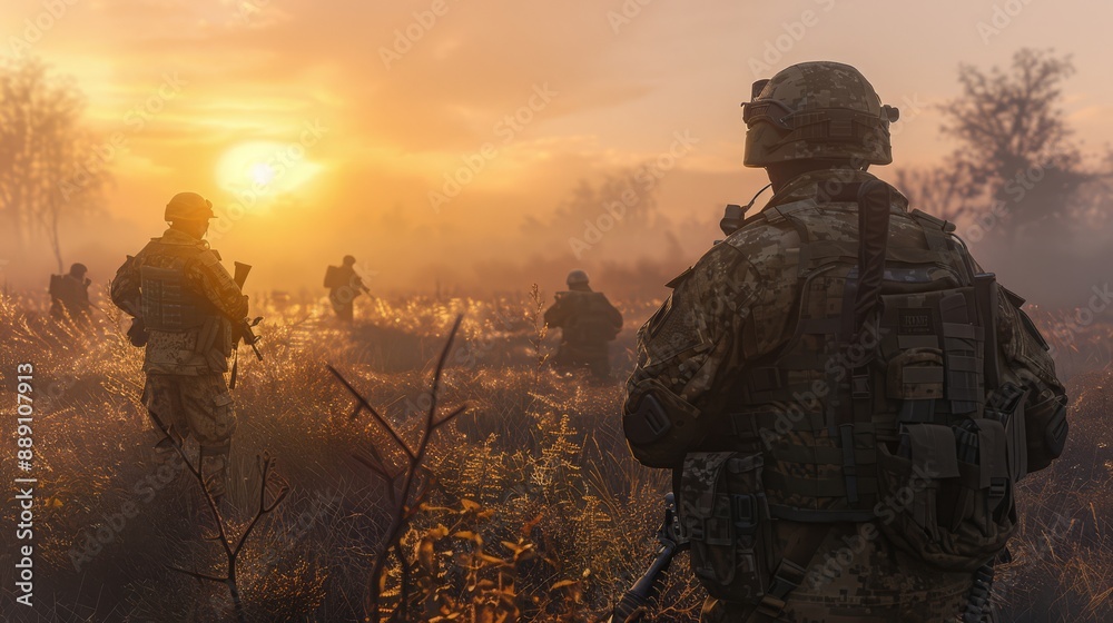 Soldiers in the Field at Sunset. Soldiers in the Field at Sunset.
