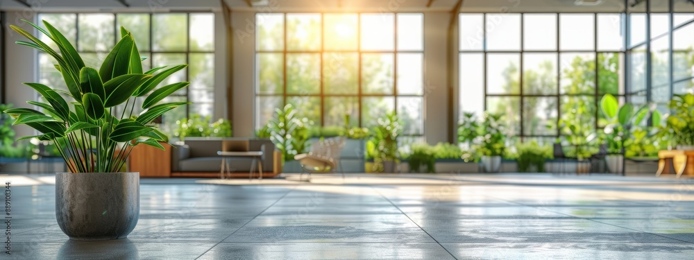 A large open room with a potted plant in the center. The room is filled with greenery and has a bright, sunny atmosphere A large open room with a potted plant in the center. The room is filled with greenery and has a bright, sunny atmosphere