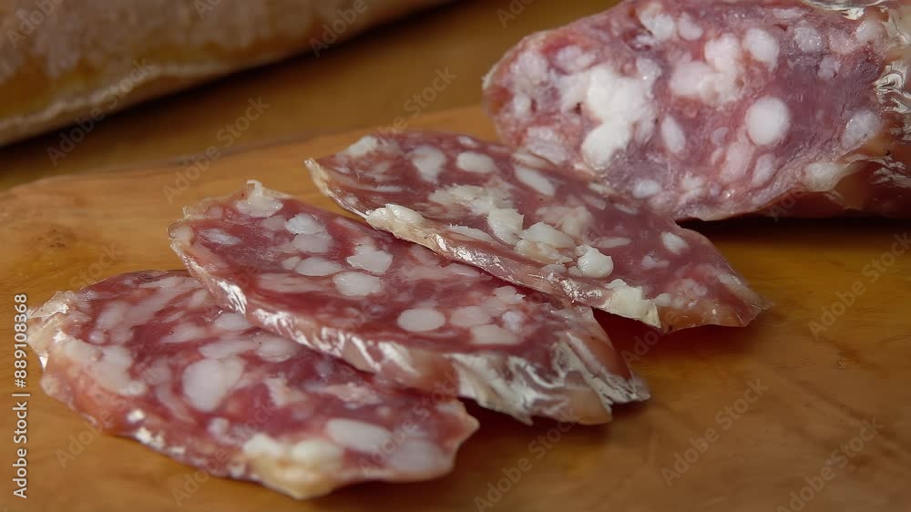 Jerked sausages on a wooden board. High quality 4k footage Jerked sausages on a wooden board. High quality 4k footage