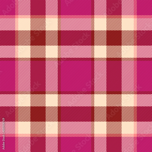 Teenager plaid pattern background, stylish tartan check seamless. Expensive textile vector texture fabric in pink and red colors.