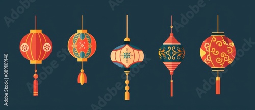 Lantern designs, Asian cultural elements, flat design illustration