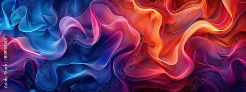 A colorful, abstract design with blue, red, and orange hues. The design is a wave-like pattern that appears to be flowing and twisting. The colors and shapes create a sense of movement and energy