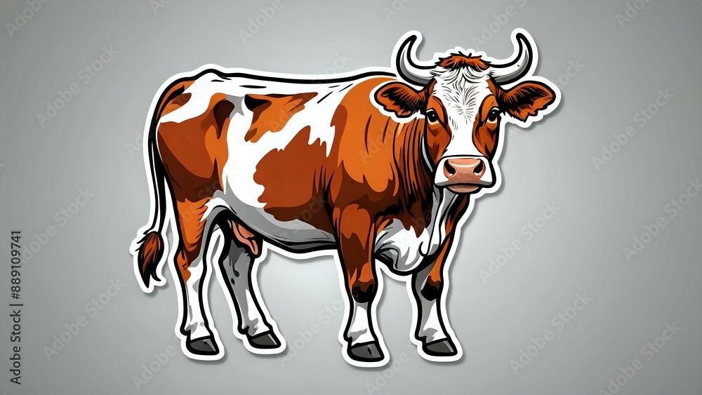 Cartoon cow with brown and white fur standing on a gray background. Cartoon cow with brown and white fur standing on a gray background.