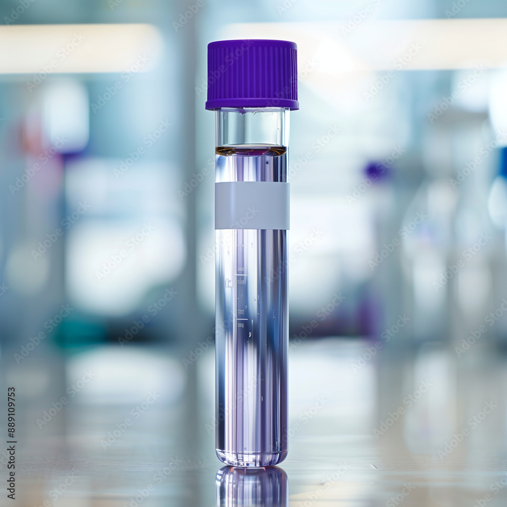 A clear, empty tube with a white label and a purple cap on top was placed in the laboratory. In front view with a blurred background, the focus should be sharp against the blurred A clear, empty tube with a white label and a purple cap on top was placed in the laboratory. In front view with a blurred background, the focus should be sharp against the blurred