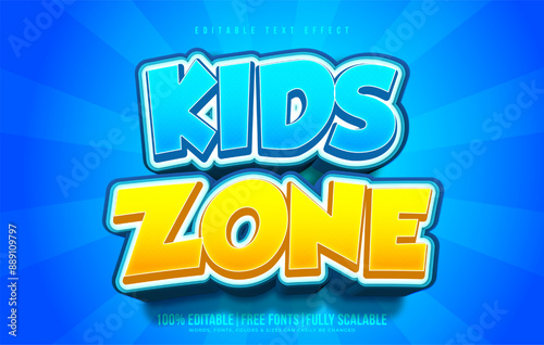 Editable kids zone text effect or typography in cartoon or comic style for social media. Colorful fun text for school children or baby. Cute text effect for game background, party and pop art banner.
