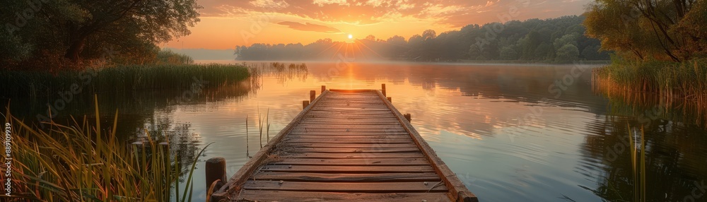 Fototapeta premium Serene Sunrise Over Tranquil Lake with Wooden Pier and Lush Greenery in the Background