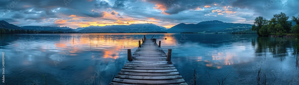 Stunning Sunset Over Serene Lake with Wooden Pier and Majestic Mountain Range in the Background Stunning Sunset Over Serene Lake with Wooden Pier and Majestic Mountain Range in the Background