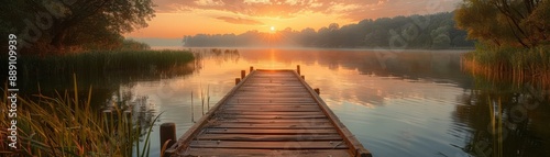 Serene Sunrise Over Tranquil Lake with Wooden Pier and Lush Greenery in the Background © Sunshine