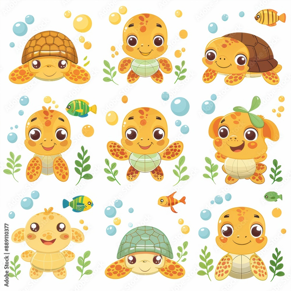 A set of cute cartoon turtles with fish swimming around them. The turtles are in various poses and sizes, with some looking happy and others looking sad A set of cute cartoon turtles with fish swimming around them. The turtles are in various poses and sizes, with some looking happy and others looking sad