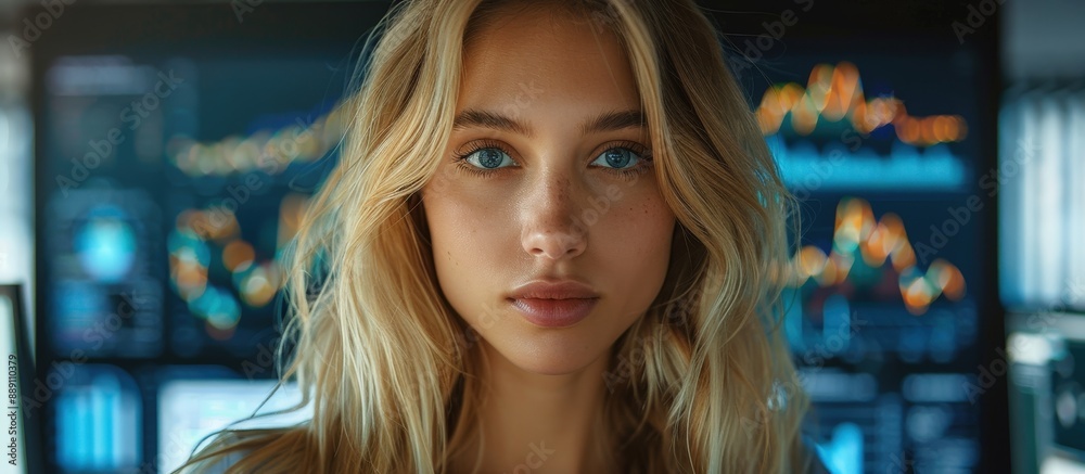 Portrait of a Young Woman with Blonde Hair in Front of Digital Financial Charts and Graphs Portrait of a Young Woman with Blonde Hair in Front of Digital Financial Charts and Graphs