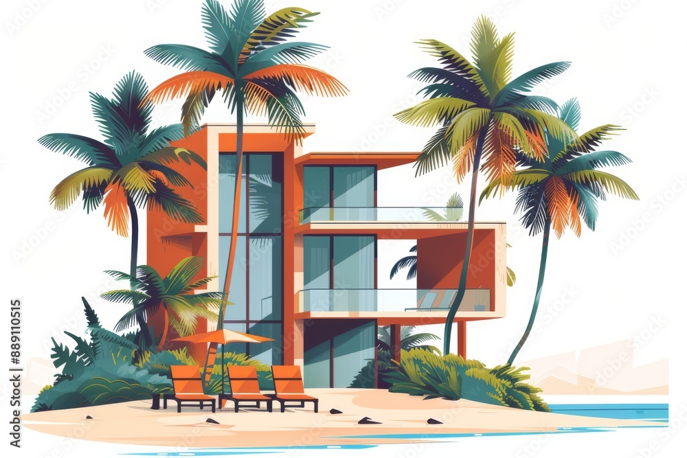 Fototapeta premium Modern beach house with palm trees and a sunny sky capturing a luxurious tropical vacation setting
