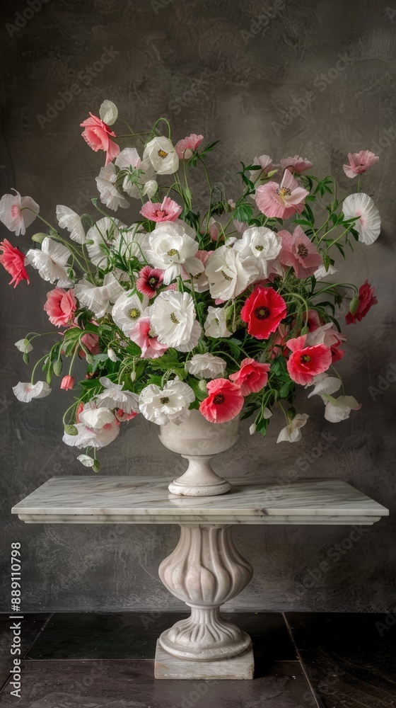 A bouquet of red poppies and white flowers is arranged in a brown vase on a wooden table. A white cloth is draped over the table A bouquet of red poppies and white flowers is arranged in a brown vase on a wooden table. A white cloth is draped over the table