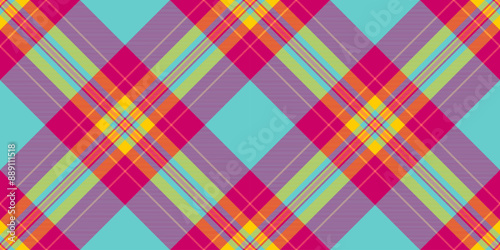 Funky fabric seamless check, vintage vector plaid background. Native tartan textile pattern texture in pink and teal colors.