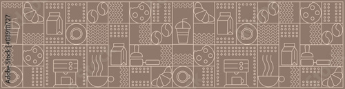 Hand drawn illustration of Bakery and Coffee. Icons. Abstract geometric line background. Gold luxury. Pattern for cover design, food package, menu, background, café wall, coffee shop, web banner