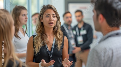 HR specialist guiding a group of new hires on an office tour, introducing them to different departments and key personnel. The tour emphasizes the importance of orientation in helping new employees