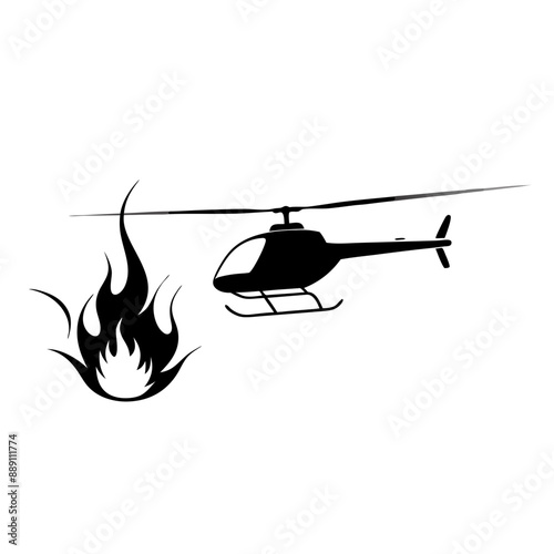 black silhouette of helicopter soaring above raging fire, flames below