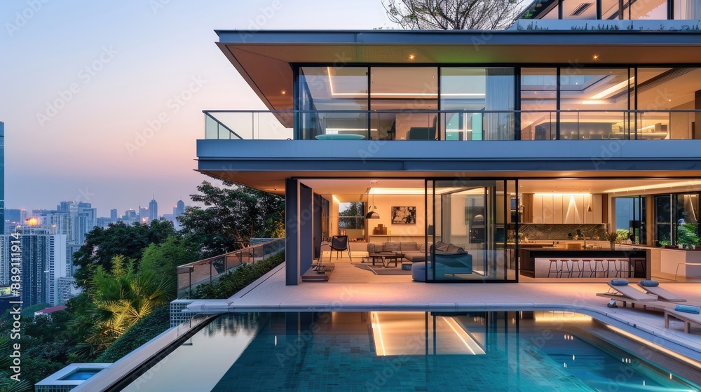 Obraz premium A chic modern home with an open-plan design, large glass walls, and a rooftop pool with views of the surrounding cityscape