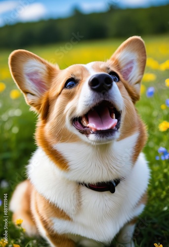 Pembroke Welsh Corgi playing in a field of vibrant wildflowers, with a clear blue sky above © Alan