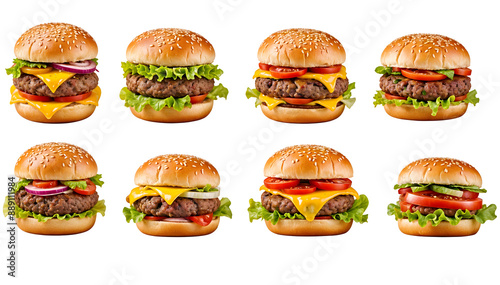 Assorted cheeseburgers with lettuce, tomatoes, and other toppings