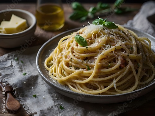 Spaghetti carbonara with a sprinkle of parmesan.