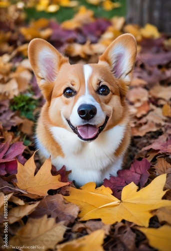 Pembroke Welsh Corgi peeking out from a pile of colorful autumn leaves in a backyard