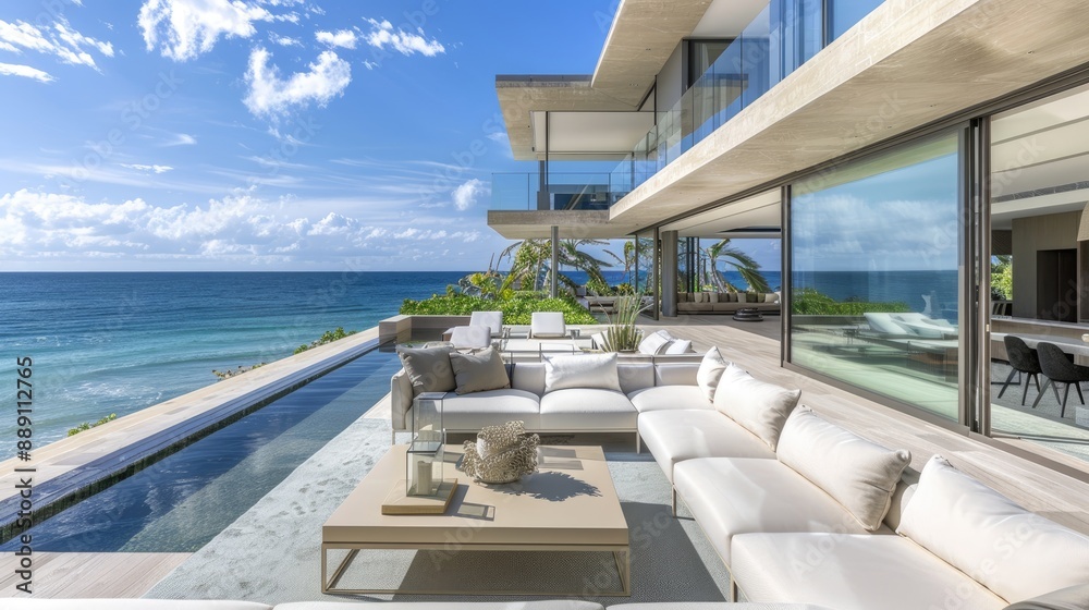 Fototapeta premium A contemporary beachfront villa with glass walls, an outdoor lounge area, and uninterrupted views of the ocean horizon
